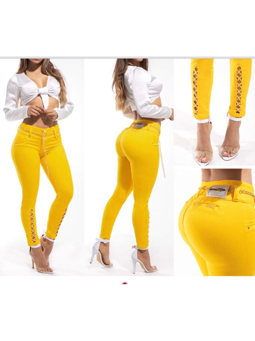 colombian pushup jeans high -Waist Yellow Lace-Up Skinny Jeans
